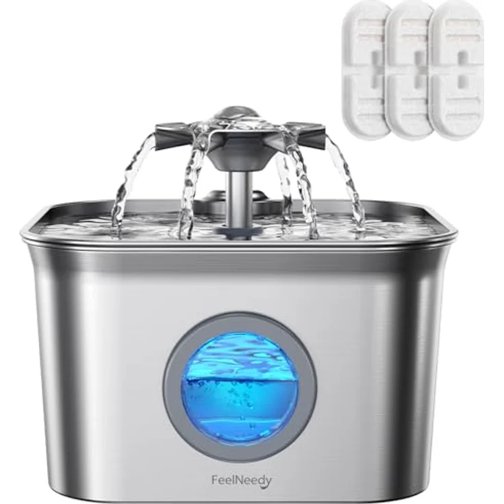 FEELNEEDY 2.8L Katzenbrunnen Edelstahl mit 4-stufigem Filtersystem, ultra-leiser Pumpe und LED-Beleuchtung – Bild 1