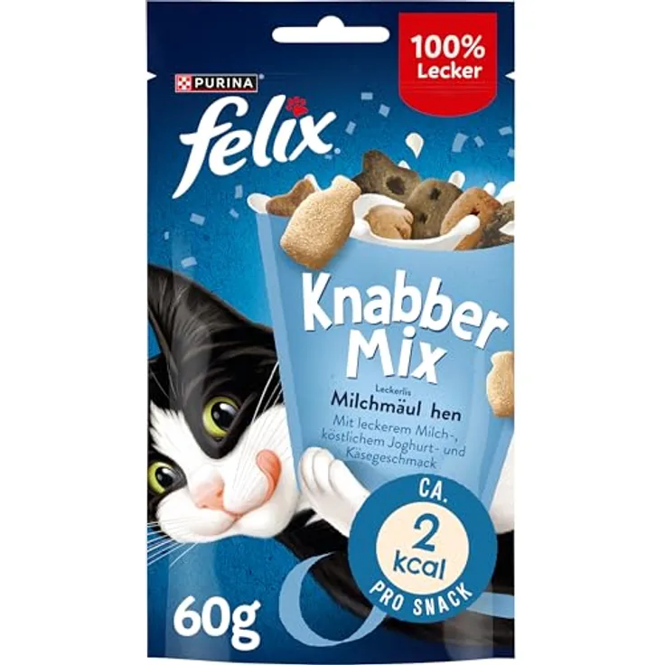 FELIX KnabberMix Milchmäulchen, Katzensnack laktosearm mit Milch-, Joghurt- und Käsegeschmack, 8er Pack (8 x 60g)