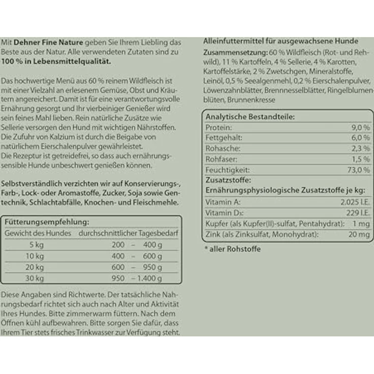 Dehner Fine Nature Hundefutter, Nassfutter in Lebensmittelqualität, Wild mit Sellerie und Karotten, getreidefrei, 6 x 400 g Dose (2.4 kg) – Bild 5