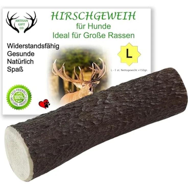 ARTISAN GIFT CO Hirschgeweih für Hunde – Natürlicher Kauknochen L, handgeschnitten, mineralstoffreich und kalorienarm, geeignet für Welpen und Hunde – Bild 1