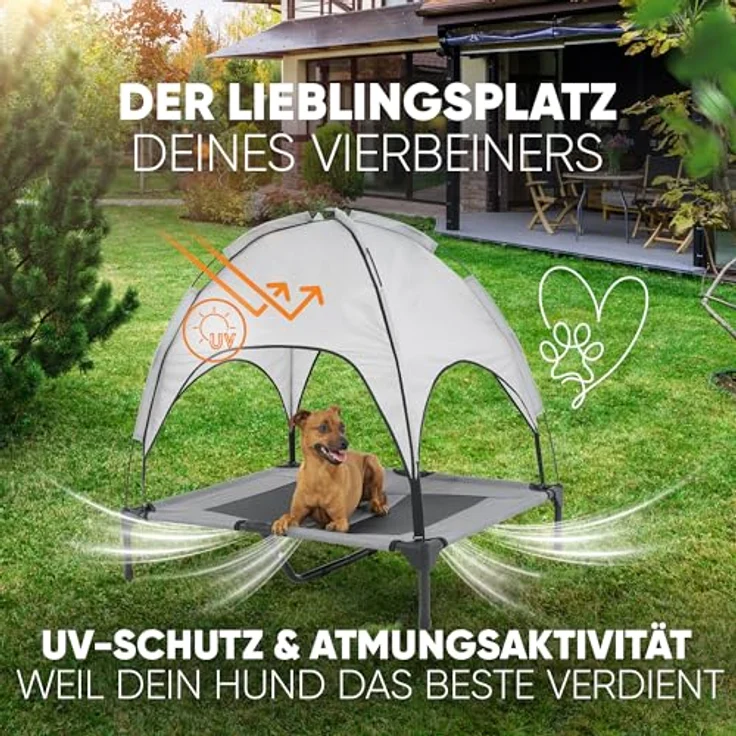 Deuline Hundeliege mit Dach, erhöhtes Hundebett für Garten und Outdoor, L-91x76x18/90cm, grau, atmungsaktiv und tragbar – Bild 3