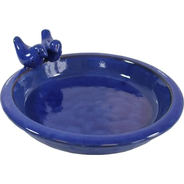 colourliving | Vogeltränke Winterfest rund 30 cm | Noble Keramik glasiert | Vogelbad mit 2 Deko Vögel | Vobelbecken Garten (blau)