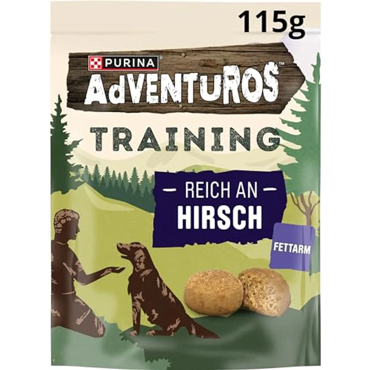 Adventuros Training Hundeleckerlis, reich an Hirsch, fettarm, 6er Pack (6 x 115g) – Bild 1