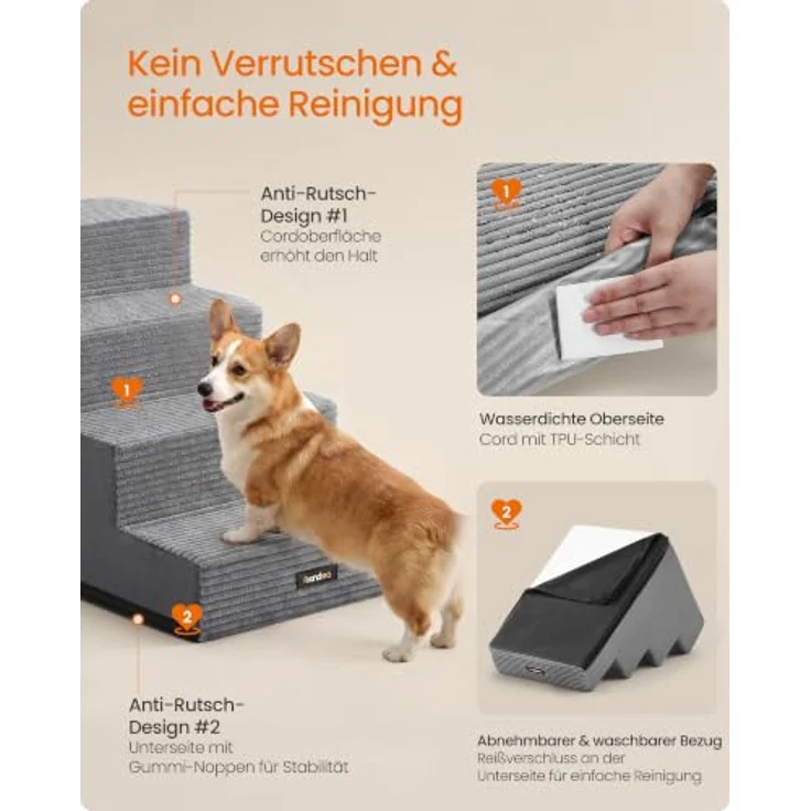 Feandrea Hundetreppe Baddi Kollektion PPS024GD01, 4-stufige Schaumstofftreppe für kleine Hunde, 62 x 40 x 44 cm, grau, waschbar und rutschfest für Sofa und Bett – Bild 5
