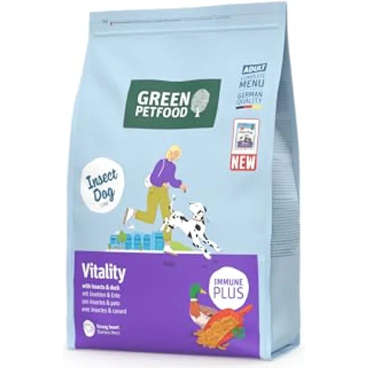 Green Petfood InsectDog Vitality, Premium Trockenfutter mit Insekten & Ente, glutenfrei, 5 x 900 g, für ausgewachsene Hunde, reich an Vitamin E & C, niedriger Fettgehalt