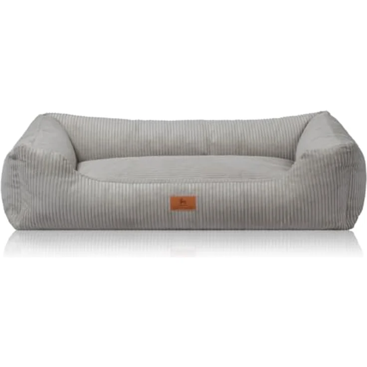 Knuffelwuff Hundebett XL aus geripptem Samt, handgewebtes Olivia-Motiv, 105 x 75 cm, Hellgrau, abnehmbare und waschbare Hülle, für große, mittlere und kleine Hunde – Bild 2