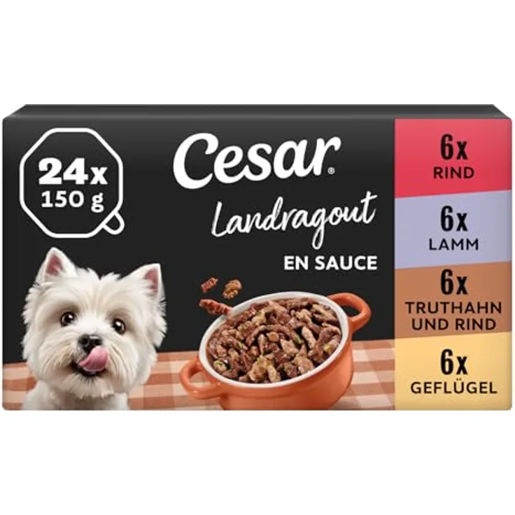 Cesar Landragout Adult, 3 x 8 x 150 g Schalen mit Rind, Lamm, Geflügel und Truthahn in leckerer Sauce, 24er-Packung