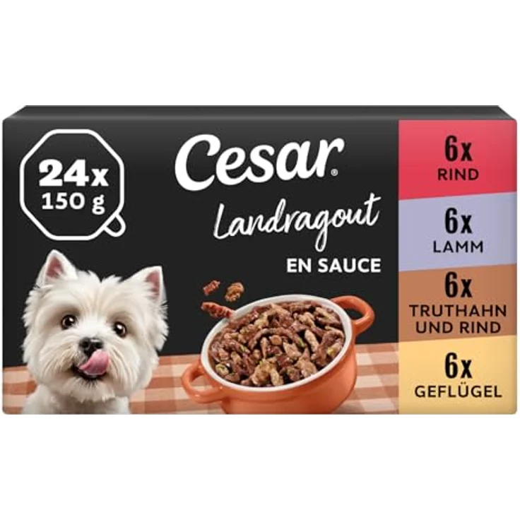 Cesar Landragout Adult, 3 x 8 x 150 g Schalen mit Rind, Lamm, Geflügel und Truthahn in leckerer Sauce, 24er-Packung – Bild 1