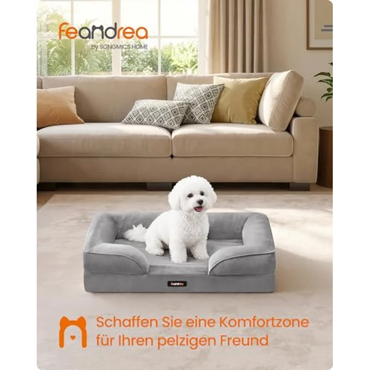 Feandrea Orthopädisches Hundebett M, 76 x 51 x 16 cm, erhöhter Rand, Noppenschaumstoff, abnehmbarer Bezug, waschbar, rutschfest, wasserabweisend, Taubengrau – Bild 2