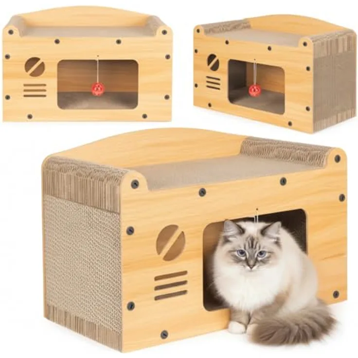 COIL Kratztonne 3in1, Multifunktionale Katzenhöhle aus MDF und Kratzpappe, Höhe: 29 cm