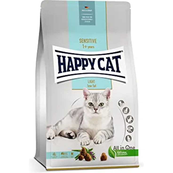 Happy Cat 70603 Sensitive Adult Light, Trockenfutter mit Geflügel für übergewichtige Katzen, fettarm, 1,3 kg