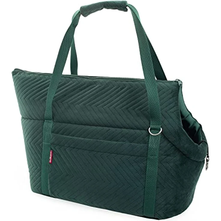 BOUTIQUE ZOO Transporttasche für Hunde und Katzen, Schultertasche aus Wildlederimitat - Velvet, bis 10 kg, Größe M, Grün, mit Gummiband und Karabiner – Bild 1