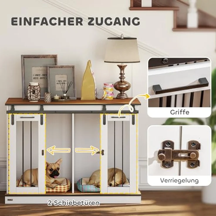 PawHut Hundekäfig Möbel mit Zweiraum-Option, moderne Metall Hundebox für große Hunde bis 30 kg, 2 Türen, Weiß, 120 x 60 x 88,5 cm – Bild 5