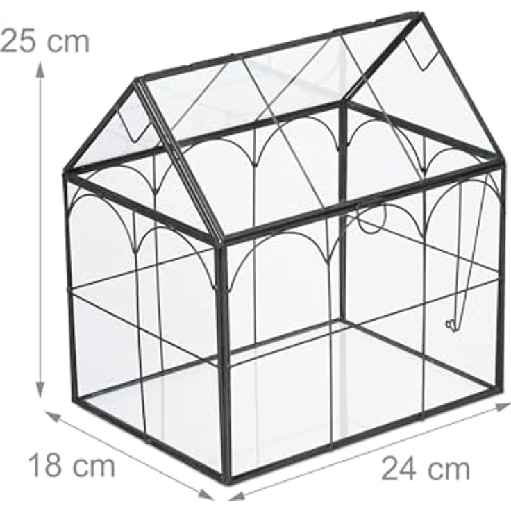 Relaxdays Pflanzenterrarium, Glas-Gewächshaus in Hausform, pflegeleicht mit antikem Metallrahmen, H 25 cm – Bild 3