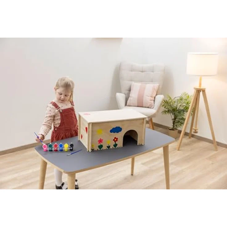 Kerbl Pet Nagerhaus zum Bemalen, Kleintierhaus aus Holz mit 2 versetzten Ein-/Ausgängen, bunt, 50x29x24cm, abnehmbares Dach, ideal für Kaninchen und Nagetiere – Bild 2