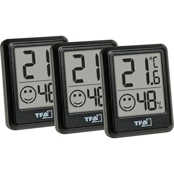 TFA Dostmann Mini Luftfeuchtigkeitsmesser 3er Set, digitales Raumthermometer mit Hygrometer, Temperatur- und Feuchtigkeitsmessung, Schwarz, inkl. Batterien