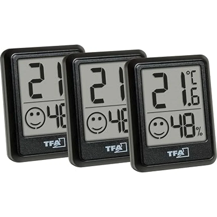 TFA Dostmann Mini Luftfeuchtigkeitsmesser 3er Set, digitales Raumthermometer mit Hygrometer, Temperatur- und Feuchtigkeitsmessung, Schwarz, inkl. Batterien – Bild 1