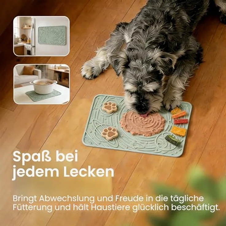 OHMO Schleckmatte für Hunde und Katzen, Leckmatte aus lebensmittelechtem Silikon, 2er Set in Salbeigrün & Hellblau, fördert langsames Fressen und mentale Stimulation – Bild 4