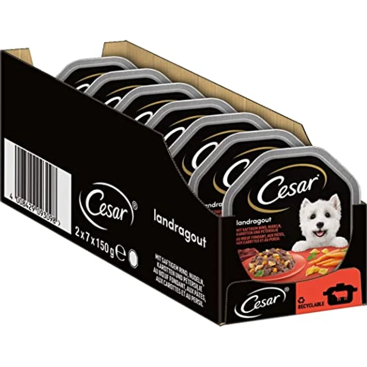 Cesar Hundefutter Nassfutter Landküche, Geflügel & Gemüse, 7er Pack (7 x 2 Schalen x 150 g), 100% ausgewogene Mahlzeiten, herzhafte Gerichte in Jus – Bild 1