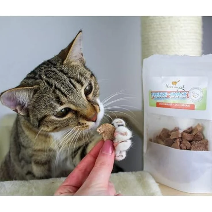 I Love My Cat Freeze-Snacks Sparset, gefriergetrocknete Katzensnacks mit Hühnerherzen, Shrimps, Karotten & Entenbrust, 100 g, natürlich & leicht verdaulich – Bild 3
