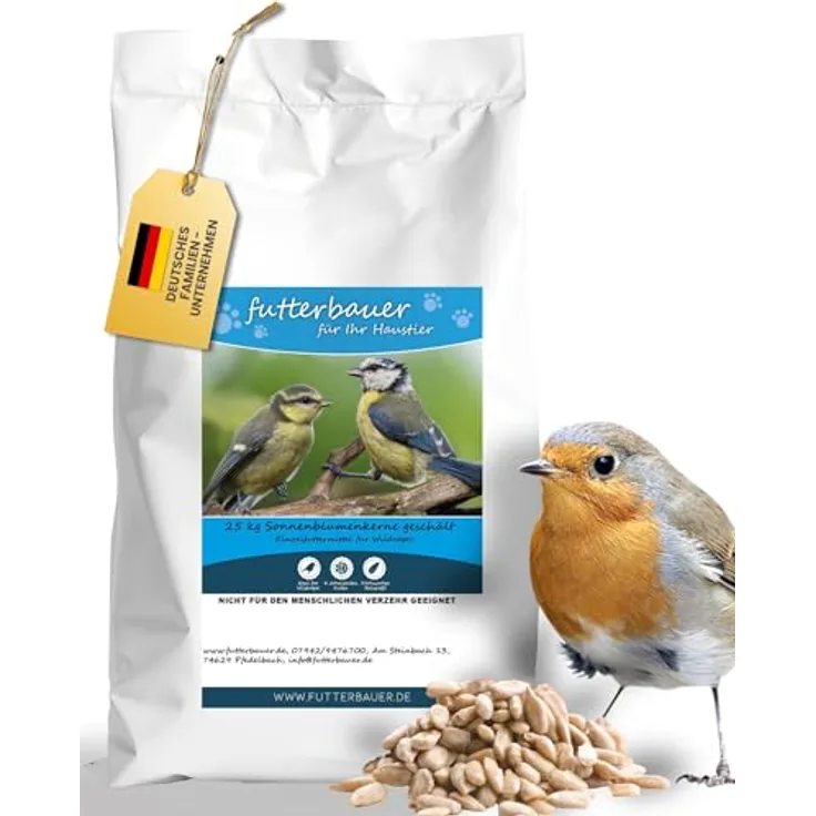 Futterbauer 25 kg Geschälte Sonnenblumenkerne für Vögel, 100% Natur, Nährstoffreiche Energiequelle, Ohne Schalenreste, Frisch aus Ernte 2025