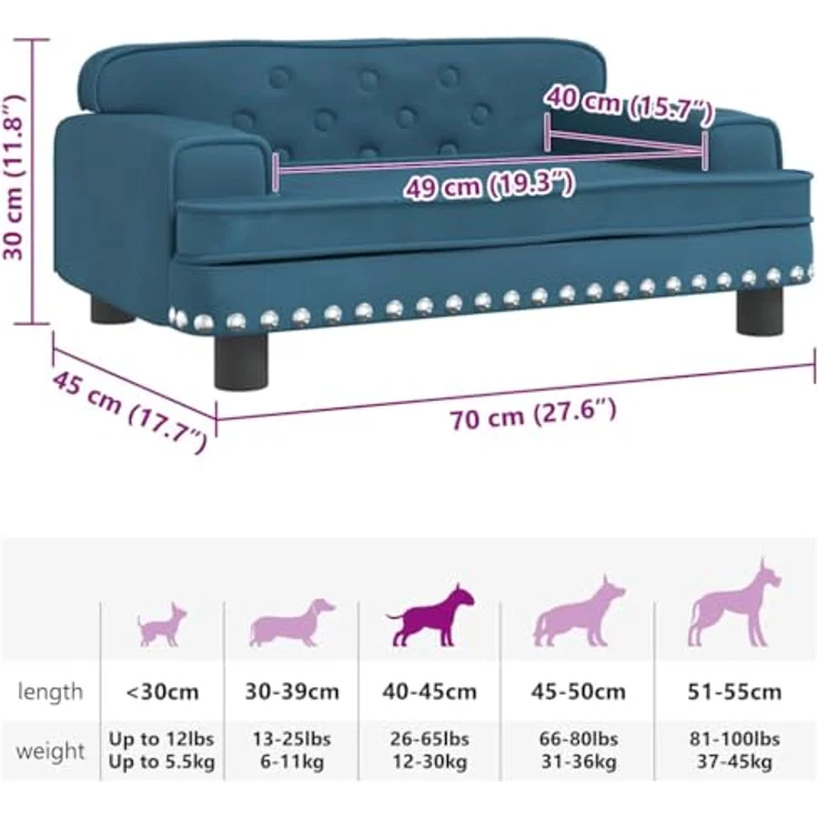 vidaXL Hundekorb Hundebett Blau 70x45x30 cm Samt Körbchen Hundesofa mit massivem Kiefernholzrahmen – Bild 4