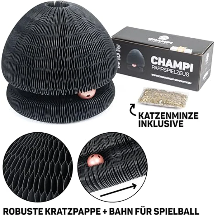 CanadianCat Company Kratzspielzeug Champi - Kratzpappe mit Spielschienen und Spielbällen, schwarz | Ø 16,2 x 18 cm, langlebig und umweltfreundlich – Bild 3