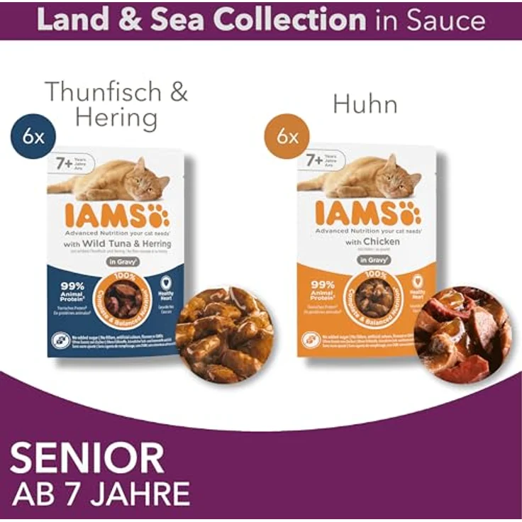 IAMS Delights Senior Katzenfutter Nass, Multipack mit Huhn und Fisch in Sauce, 12 x 85 g für ältere Katzen ab 7 Jahre, ohne künstliche Zusatzstoffe – Bild 3