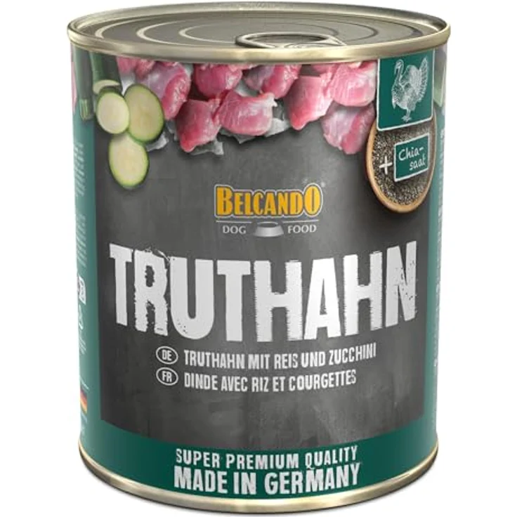 BELCANDO Super Premium Dose, 6x800g Truthahn mit Reis & Zucchini, Nassfutter für Hunde aller Rassen, mit stückiger Konsistenz und wertvollem Distelöl – Bild 2