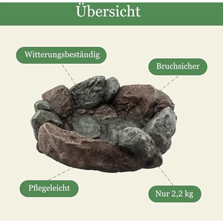 Intergarden Vogelbad Garten 30cm, Vogeltränke Stein-Optik, bruchsichere Wassertränke aus Polyresin für Vögel, Größe M – Bild 4