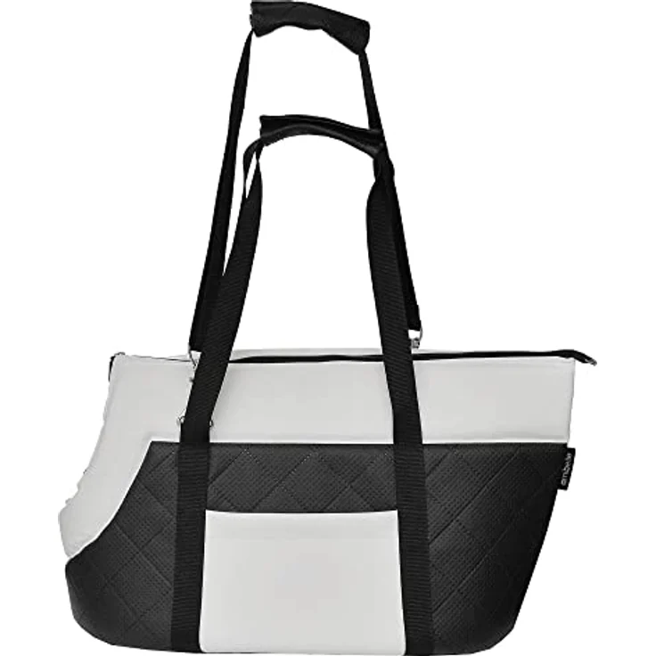BOUTIQUE ZOO Transporttasche für Hunde und Katzen, Schultertasche bis 10 kg, M, Schwarz und Weiß, Kunstleder, mit Gummiband und Karabiner – Bild 4