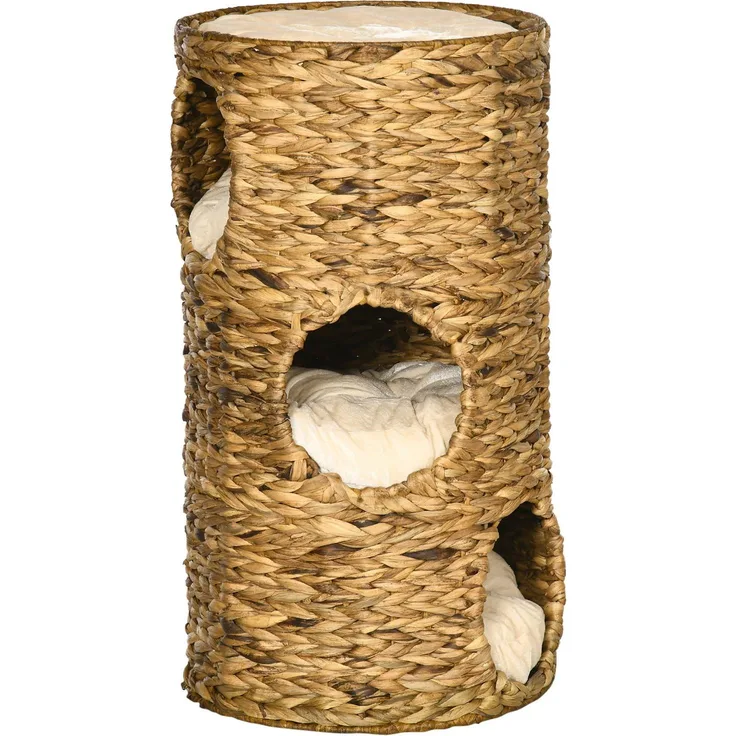 Northio Kratztonne Katzenturm 73 cm, 3-Ebenen mit Kissen, Wasserhyazinthe und Stahl, hellbraun