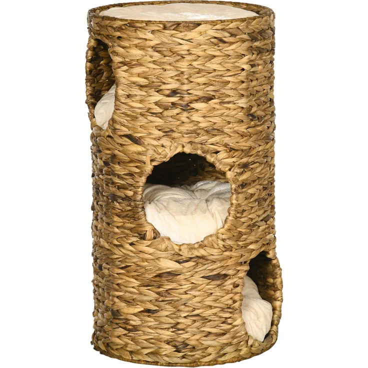 Northio Kratztonne Katzenturm 73 cm, 3-Ebenen mit Kissen, Wasserhyazinthe und Stahl, hellbraun