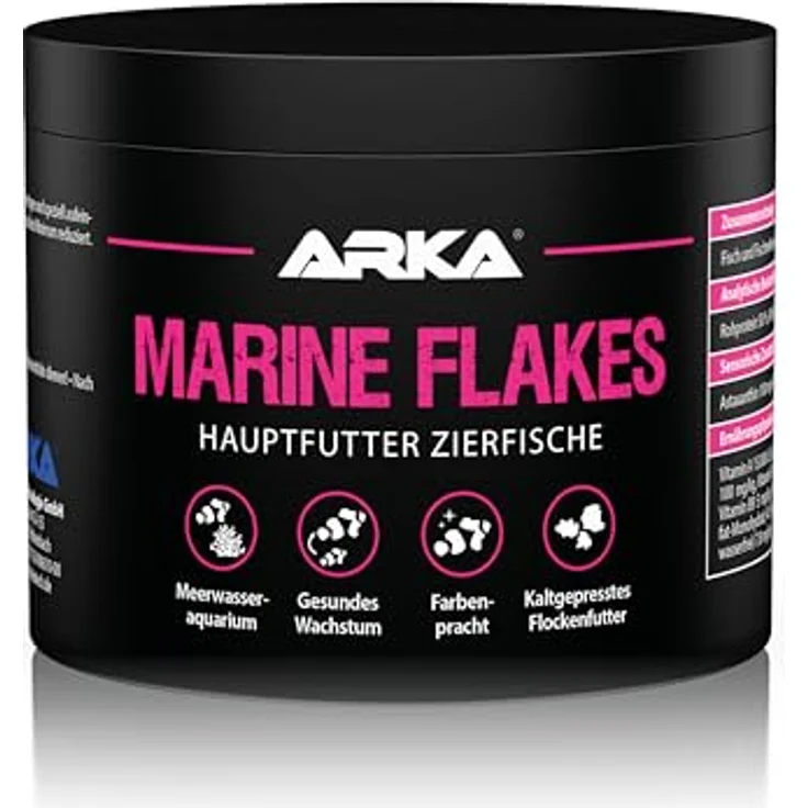 ARKA Marine Flakes, Flockenfutter für Meerwasserfische, kaltgepresst, 500 ml / 50 g, fördert Farbenpracht & Wachstum, ohne minderwertiges Fischmehl – Bild 1