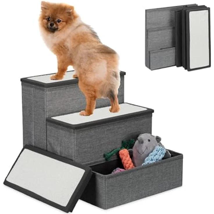 relaxdays Haustiertreppe Faltbare Hundetreppe 3 Stufen (1-St), Grau-WeiÃ, Ideal fÃ¼r kleine und Ã¤ltere Tiere, mit Stauraum – Bild 2
