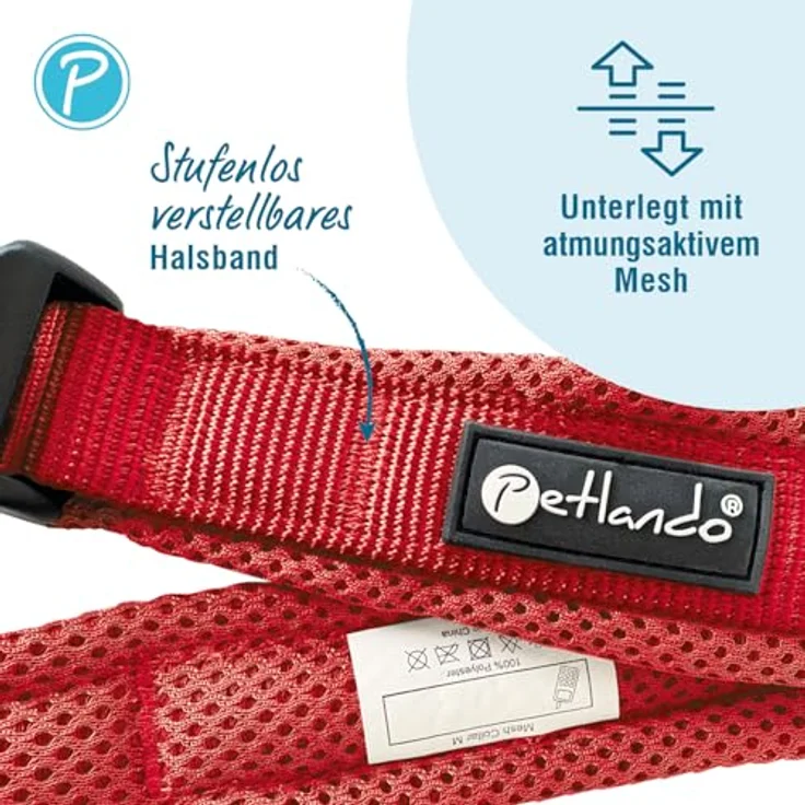 Petlando Mesh Hundehalsband, leichtes und atmungsaktives, gepolstertes Halsband, stufenlos verstellbar, robust, L 50-55cm, Rot – Bild 2