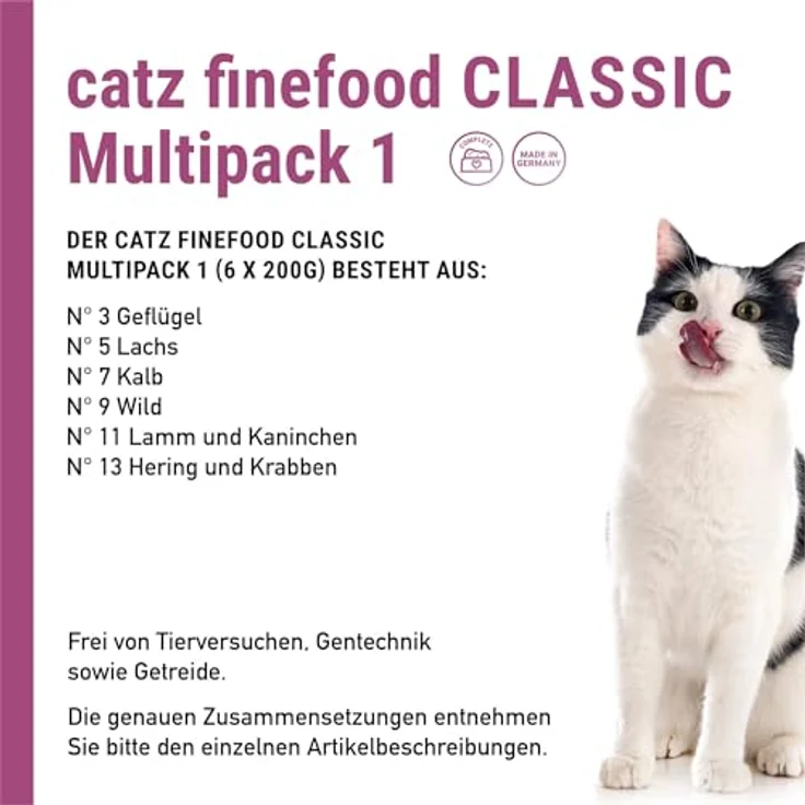 catz finefood Feinkost Katzenfutter nass Multipack 1, 6 x 200 g Dosen mit Geflügel, Lachs, Kalb, Wild, Lamm und Kaninchen, Alleinfuttermittel ohne Konservierungsstoffe – Bild 3