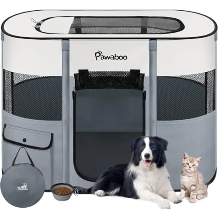 Pawaboo Tragbarer Hunde-Laufstall, 81 × 61 × 56 cm, grau, aus 600D Oxford-Gewebe mit atmungsaktiven Netzeinsätzen und faltbarem Design – Bild 1