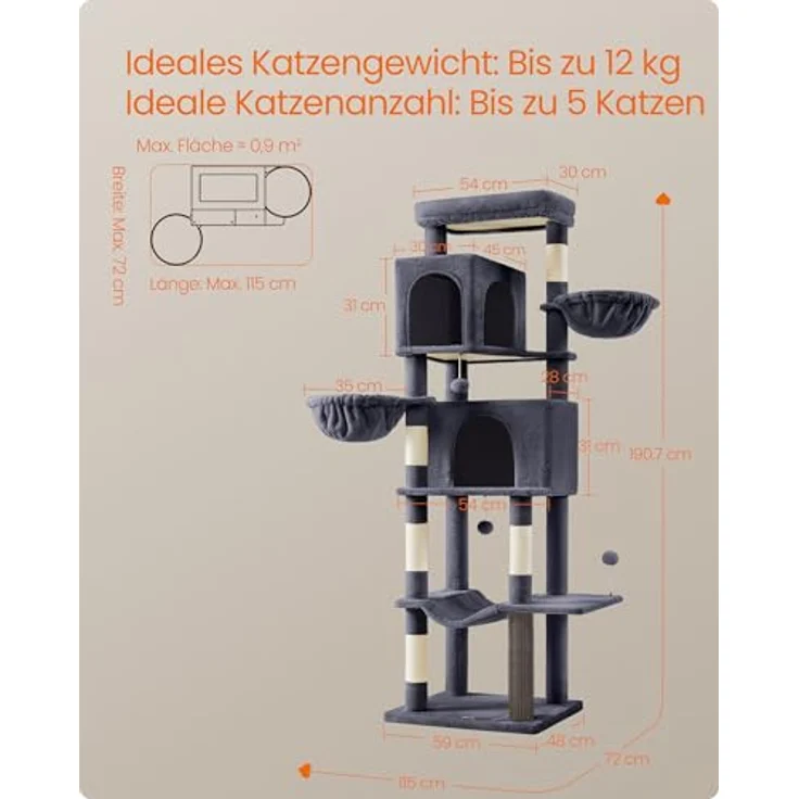 Feandrea Kratzbaum groß, 190,7 cm hoch, XXL, mehrstöckiger Katzenbaum mit 2 Höhlen, 2 Liegemulden, 5 Kratzsäulen, Katzenbürste, große Plattform, dunkelgrau – Bild 7