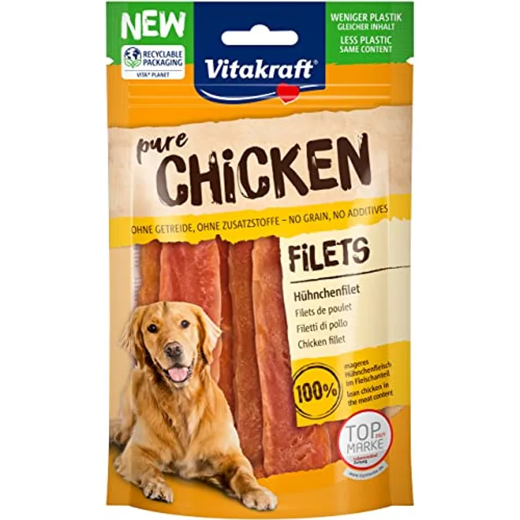 Vitakraft Pure Chicken Filets, Hunde Trainingsleckerli aus Hühnerbrustfilet, ohne Zuckerzusatz, 80g im wiederverschließbaren Beutel