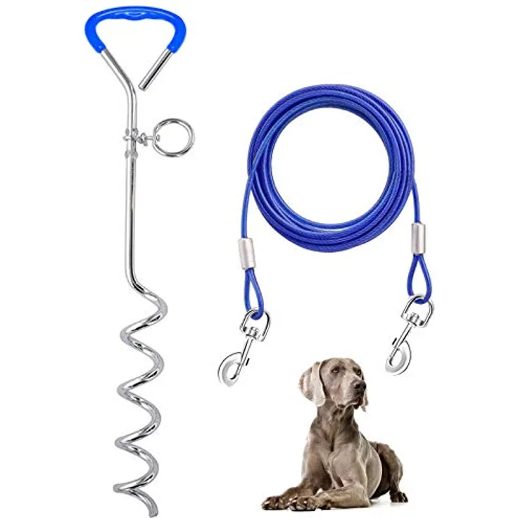 Supet Bodenanker für Hunde, Anlegepflock mit 3m Stahlkabel und verwicklungsfreiem Karabiner, blau