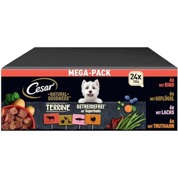 Cesar Natural Goodness Premium Hunde Nassfutter in der Schale, Getreidefrei mit Superfoods, Megapack 24x100g