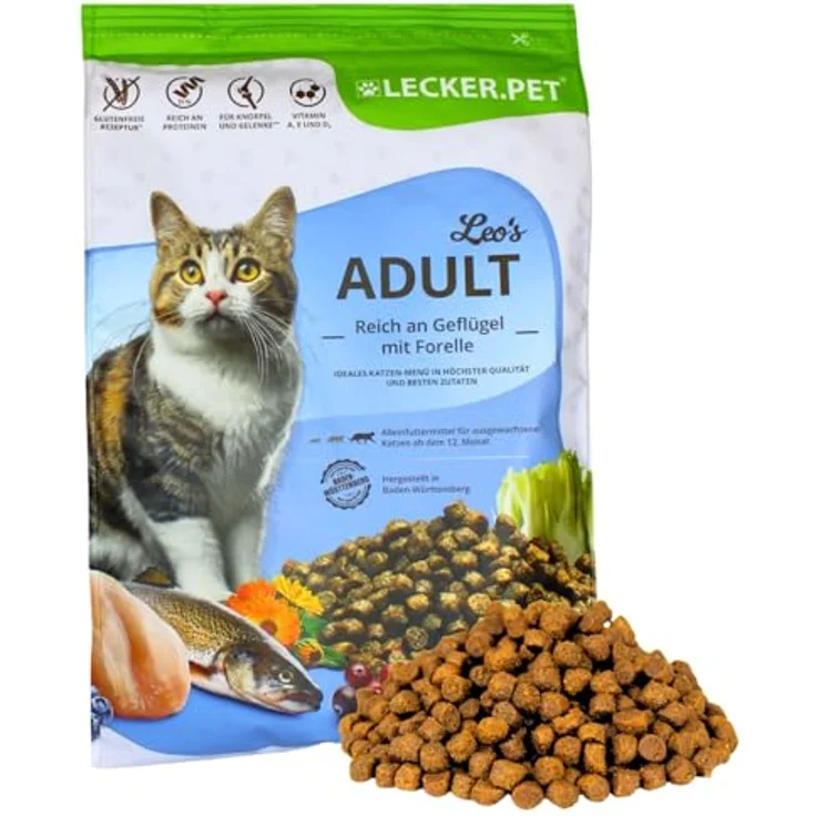Lyra Pet Lecker.Pet® Leo's Adult Geflügel & Forelle, 2,5 kg glutenfreies Katzen-Trockenfutter für ausgewachsene Katzen, nährstoffreiche Proteinquelle mit Fisch – Bild 1
