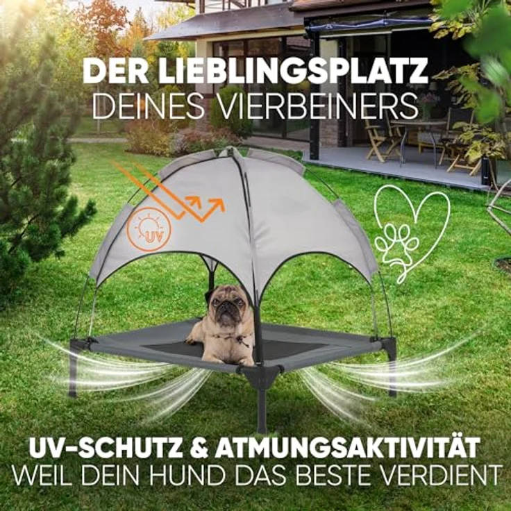 Deuline Hundeliege M mit Dach, erhöhtes Hundebett für Garten & Outdoor, grau, 76x61x18/71 cm – Bild 3