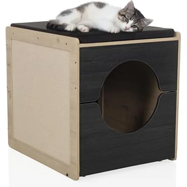 hjh LIVING Kitty PAWBOX 2 Katzenhaus, 50x60x55,5 cm, Schrank für Katzenklo und Katzenbett, belastbar bis 30 kg, Schwarz/Eiche, mit Kratzbrett und waschbarem Polster