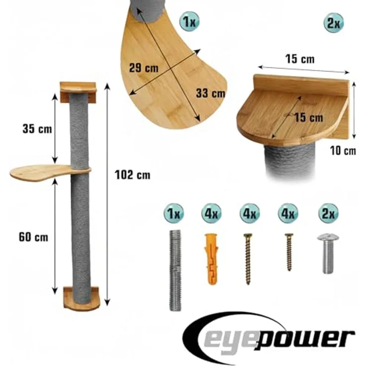 Eyepower Luna, 102 cm Wandkratzbaum mit 1 drehbarem Plateau, Sisal Kratzbaum zur Wandmontage aus Bambus – Bild 8