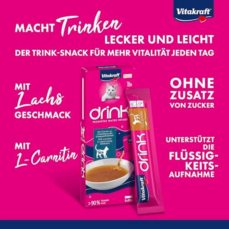 Vitakraft Drink, Katzen Leckerli flüssig mit Lachs, Zuckerfrei, in Sachets, 1 Paket mit 5x 30g – Bild 2