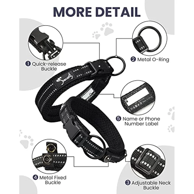 PETTOM Hundehalsband, Verstellbares Nylonhalsband mit gepolstertem Mesh, Atmungsaktiv und Reflektierend, Schwarz XS – Bild 3