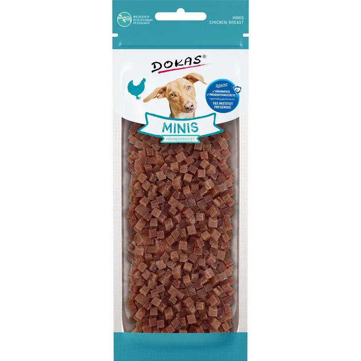 Dokas Minis Hühnerbrust 70g, fettarmer Hundesnack für ausgewachsene Hunde, ideal für Training