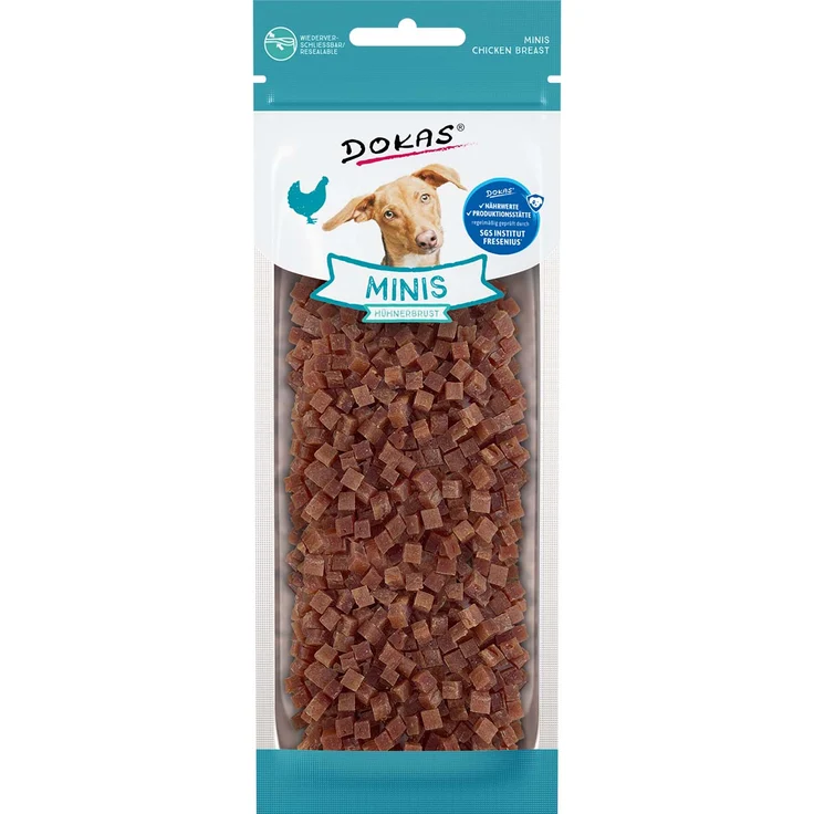 Dokas Minis Hühnerbrust 70g, fettarmer Hundesnack für ausgewachsene Hunde, ideal für Training